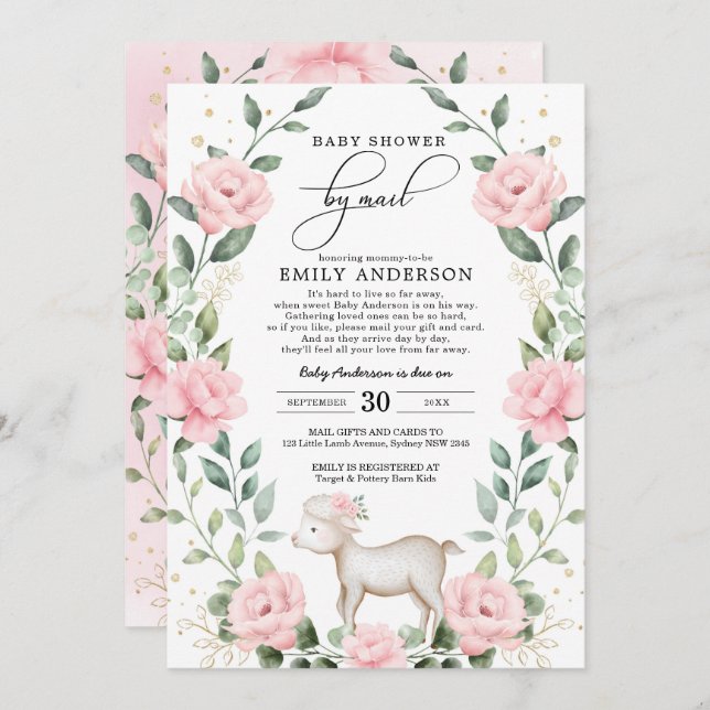 Girly Pink Baby Lamb Shower By Mail Quarantine Invitation (Front/Back)