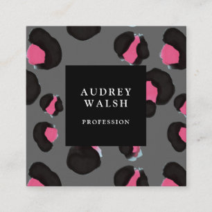 Girly Pink Back Dark Gray Leopard print   Square Business Card