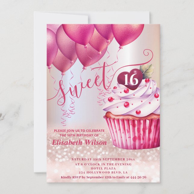 Girly pink balloon cupcake Rose gold glittery    Invitation (Front)