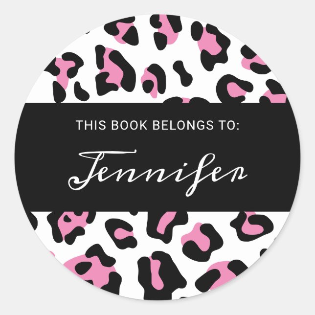 Girly Pink Black and White Leopard Spot Book Classic Round Sticker (Front)