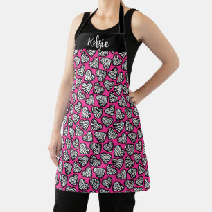 Girly pink black and white zebra hearts with name  apron