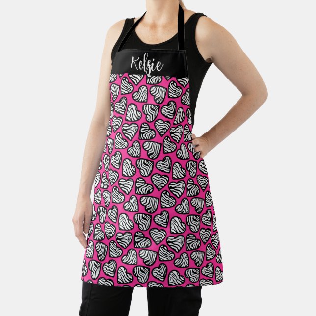 Girly pink black and white zebra hearts with name  apron (Insitu)
