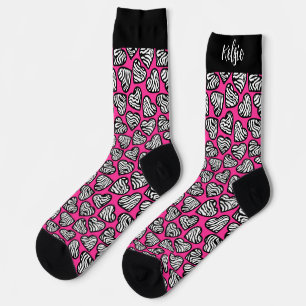 Girly pink black and white zebra hearts with name  socks