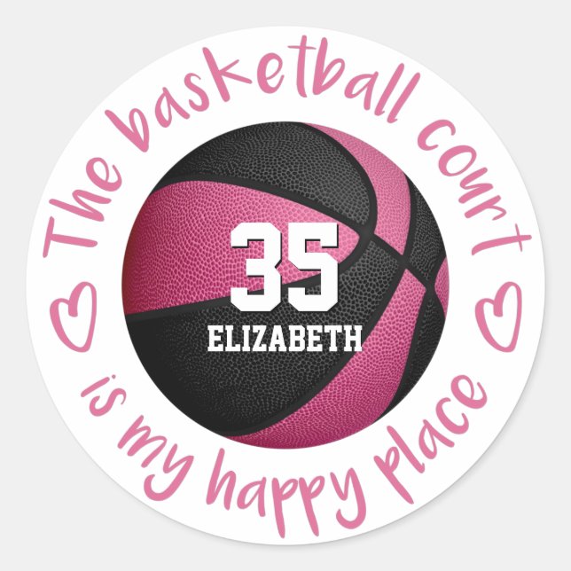 girly pink black basketball court my happy place classic round sticker (Front)