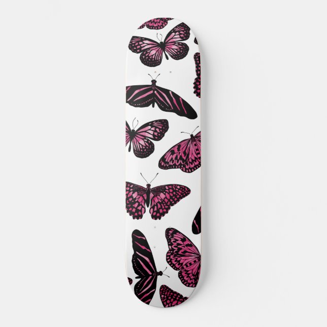 Girly Pink Black Butterflies Watercolor Pattern Skateboard (Front)