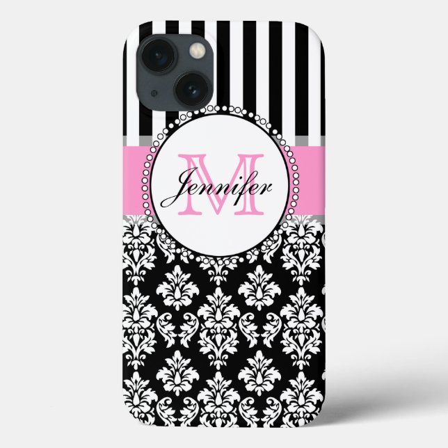 Girly Pink Black Damask Striped Monogrammed Case-Mate iPhone Case (Back)