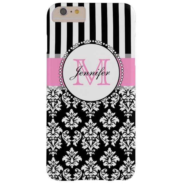 Girly Pink Black Damask Striped Monogrammed Case-Mate iPhone Case (Back)