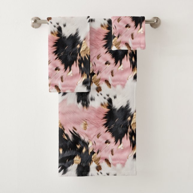 Girly Pink Black Gold Cowgirl Cowhide Bath Towel Set (Insitu)