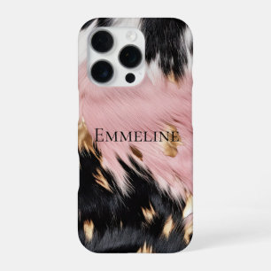 Girly Pink Black Gold Cowgirl Cowhide iPhone 16 Pro Case
