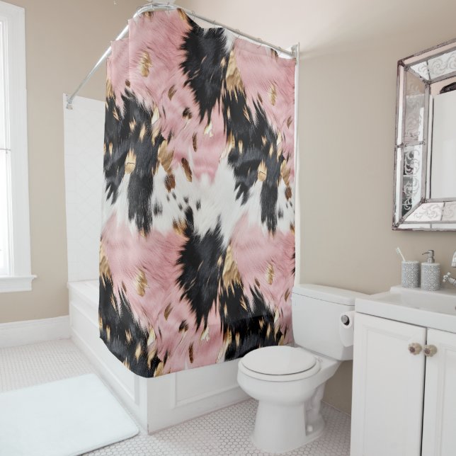Girly Pink Black Gold Cowgirl Cowhide Shower Curtain (In Situ)
