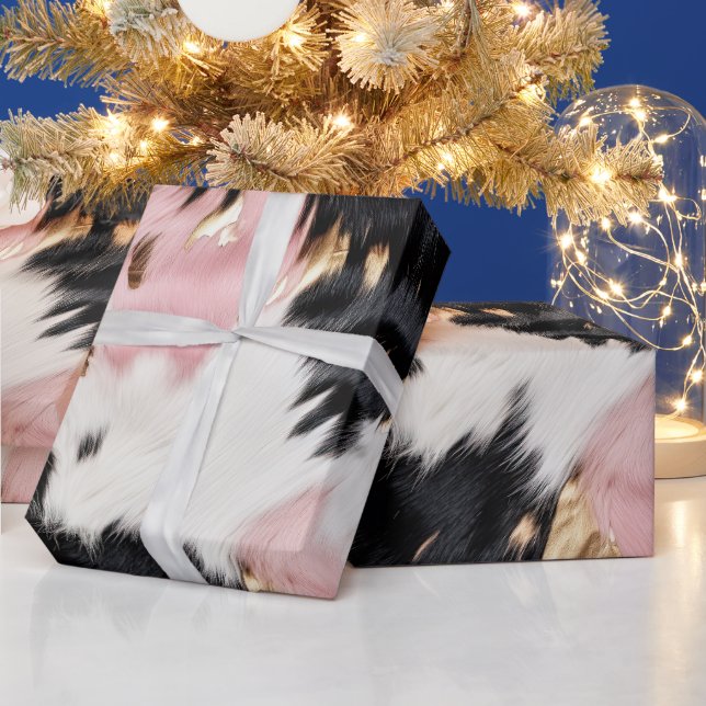 Girly Pink Black Gold Cowgirl Cowhide Wrapping Paper (Holidays)