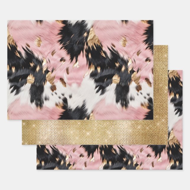 Girly Pink Black Gold Cowgirl Cowhide Wrapping Paper Sheet (Set)