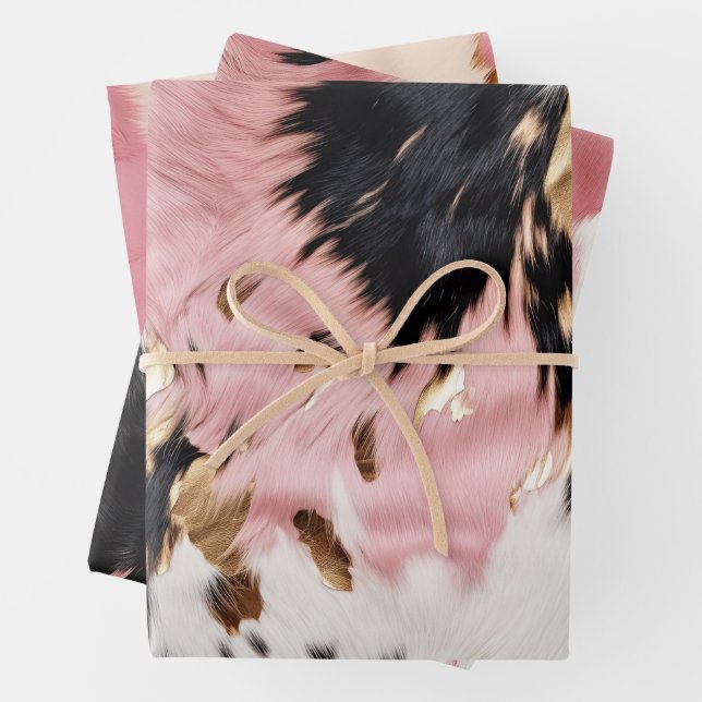 Girly Pink Black Gold Cowgirl Cowhide Wrapping Paper Sheet (In situ)
