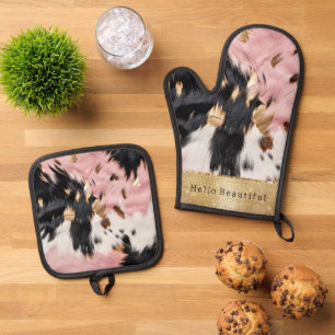 Girly Pink Black Gold Sparkle Cowgirl Cowhide Oven Mitt & Pot Holder Set
