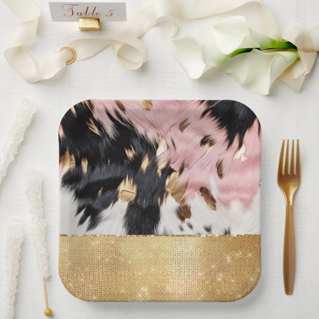 Girly Pink Black Gold Sparkle Cowgirl Cowhide  Paper Plate (Wedding)