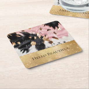Girly Pink Black Gold Sparkle Cowgirl Cowhide Square Paper Coaster