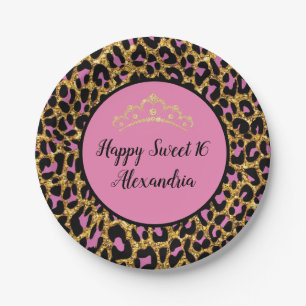 Girly Pink & Black Leopard Gold Glitter Paper Plate