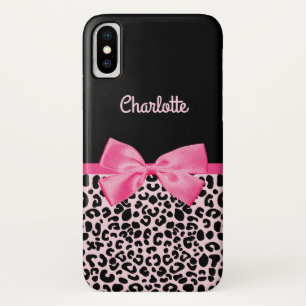 Girly Pink Black Leopard Print Cute Bow and Name iPhone X Case