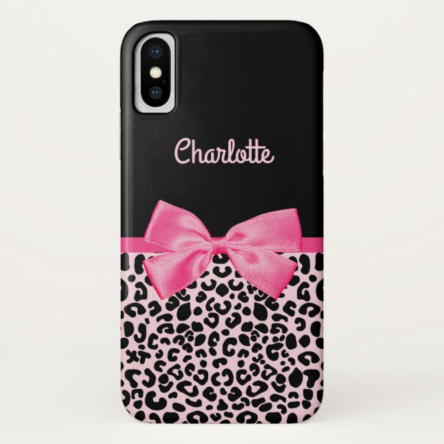 Girly Pink Black Leopard Print Cute Bow and Name Case-Mate iPhone Case (Back)