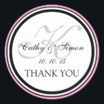 Girly Pink Black Monogram K Wedding Thank You Classic Round Sticker<br><div class="desc">Simple, Girly Pink, Black, White, Grey Monogram Wedding Favour Stickers with Bride and Groom Names, Wedding Date and Thank You. Customise with your information. By Elke Clarke©2010. Customise with your monogram initial and use it to seal your wedding invitation envelopes or add to your wedding favours or cake boxes. Use...</div>