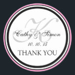 Girly Pink Black Monogram K Wedding Thank You Classic Round Sticker<br><div class="desc">Simple, Girly Pink, Black, White, Grey Monogram Wedding Favour Stickers with Bride and Groom Names, Wedding Date and Thank You. Customise with your information. By Elke Clarke©2010. Customise with your monogram initial and use it to seal your wedding invitation envelopes or add to your wedding favours or cake boxes. Use...</div>