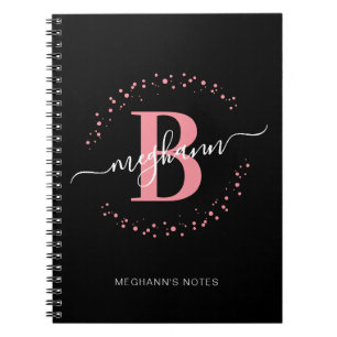 Girly Pink Black Name Script Monogram School Noteb Notebook