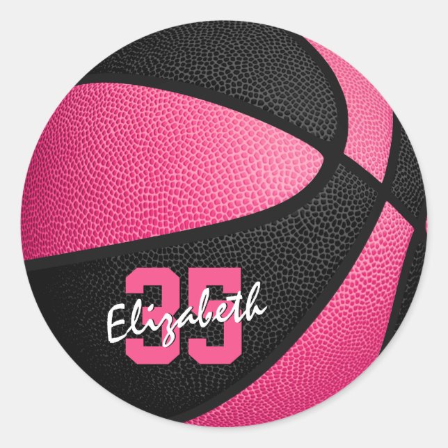 girly pink black personalised basketball classic round sticker (Front)