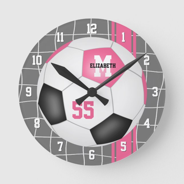 girly pink black personalised soccer round clock (Front)