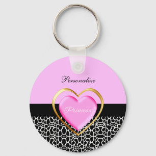 Girly Pink Black Princess Giraffe Print and Name Key Ring