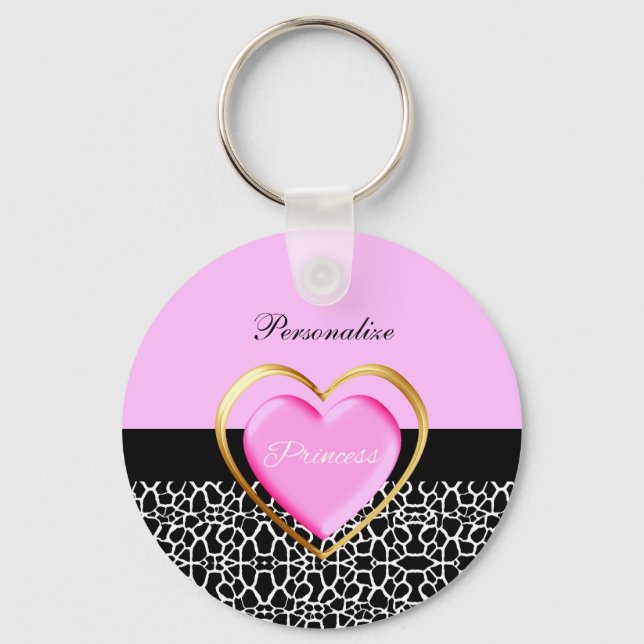 Girly Pink Black Princess Giraffe Print and Name Key Ring (Front)
