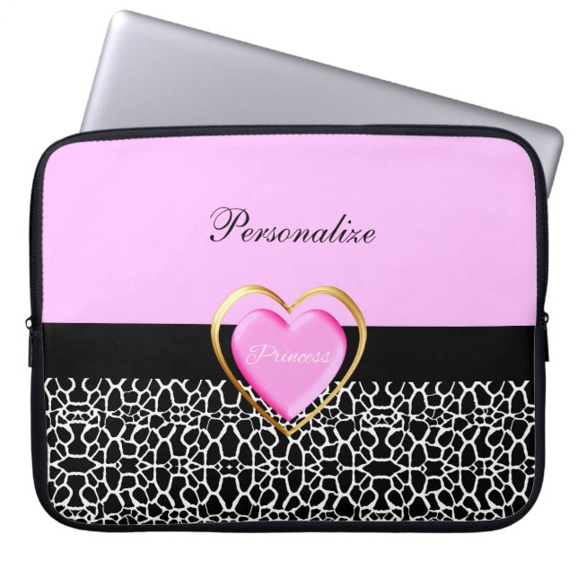 Girly Pink Black Princess Giraffe Print and Name Laptop Sleeve (Front)