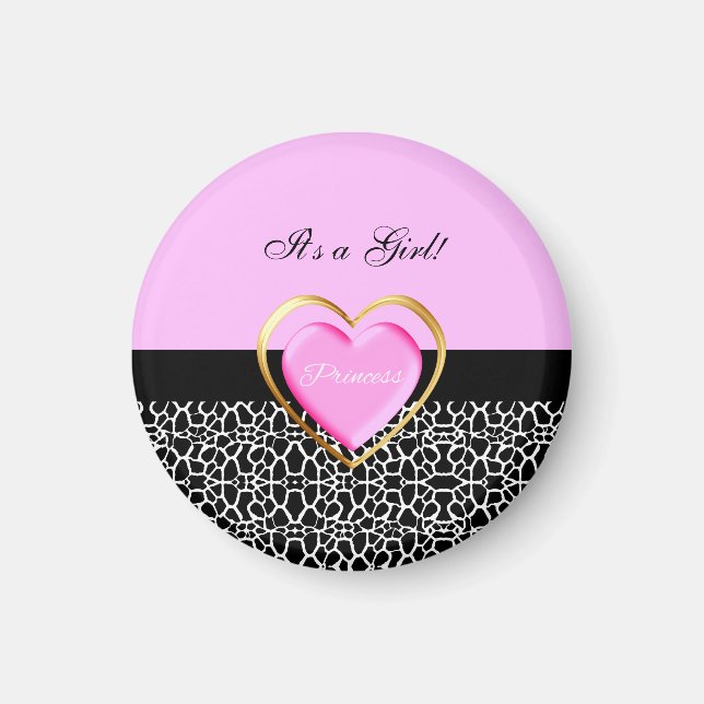 Girly Pink Black Princess Giraffe Print and Name Magnet (Front)