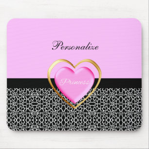 Girly Pink Black Princess Giraffe Print and Name Mouse Mat