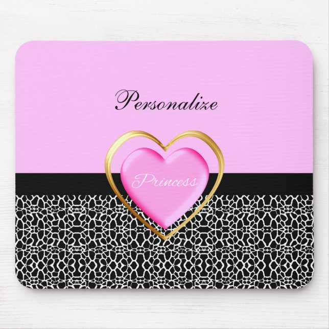 Girly Pink Black Princess Giraffe Print and Name Mouse Mat (Front)