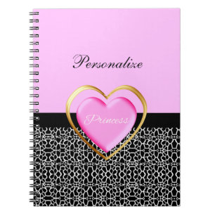 Girly Pink Black Princess Giraffe Print and Name Notebook