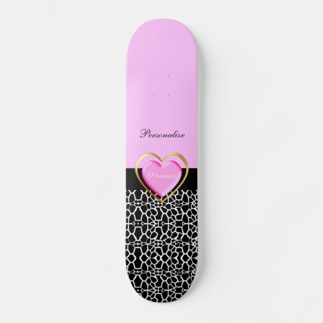 Girly Pink Black Princess Giraffe Print and Name Skateboard (Front)