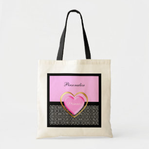 Girly Pink Black Princess Giraffe Print and Name Tote Bag