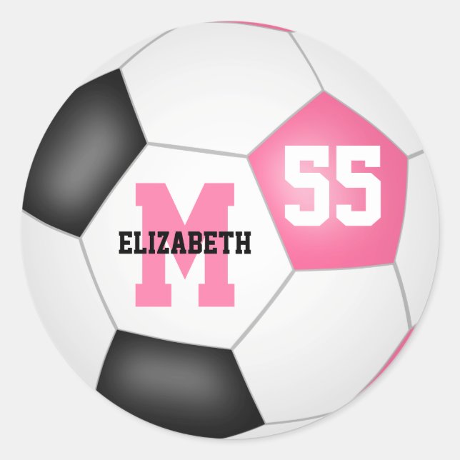 girly pink black soccer ball personalised classic round sticker (Front)