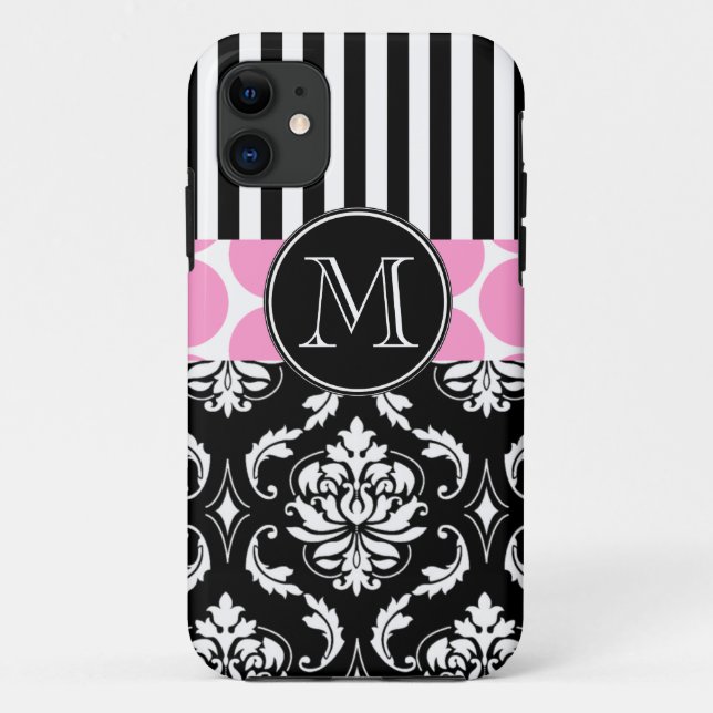 GIRLY PINK BLACK STRIPES DAMASK MONOGRAM Case-Mate iPhone CASE (Back)