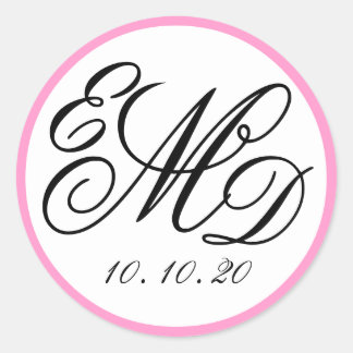 Girly Pink, Black Three Initials Monogram Wedding Classic Round Sticker