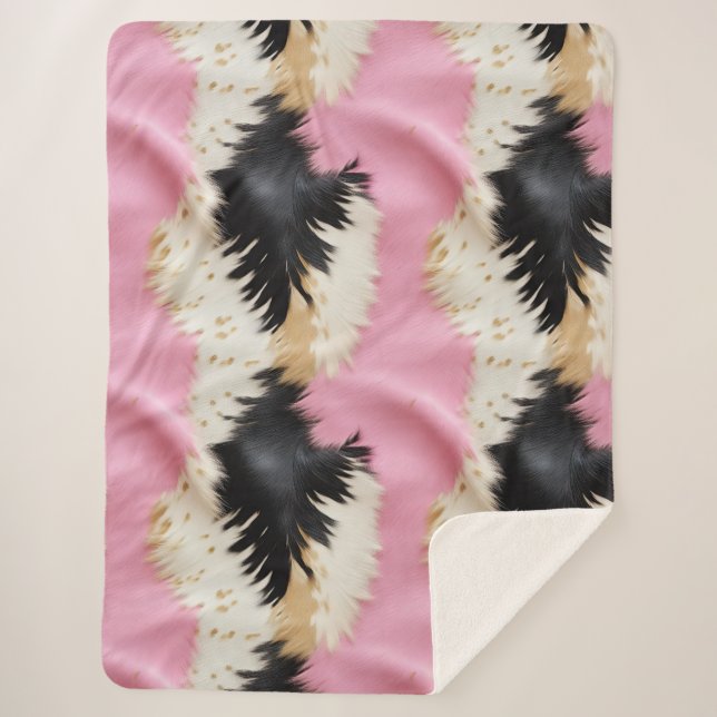 Girly Pink Black White Gold Cowhide Sherpa Blanket (Front)