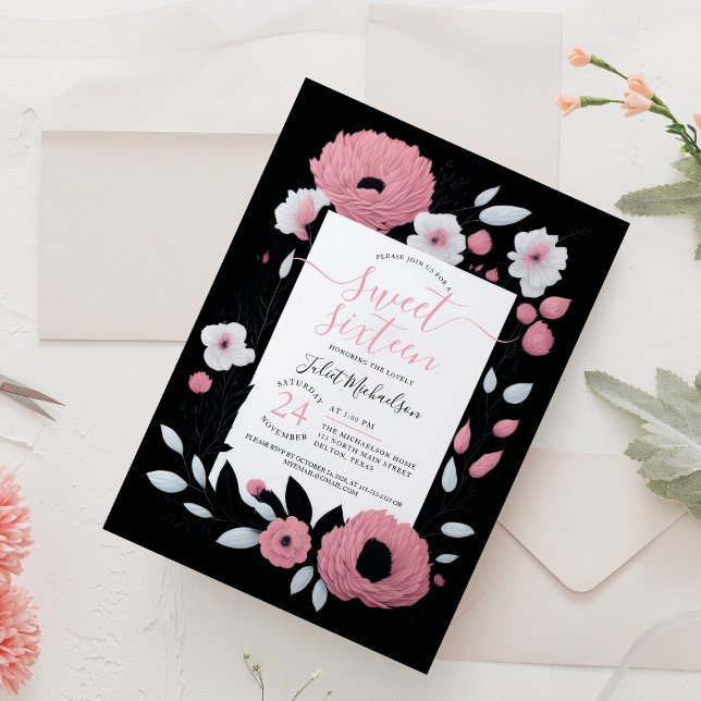 Girly Pink Black White Ranunculus Floral Sweet 16 Invitation (Creator Uploaded)