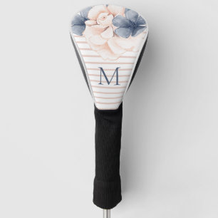 Girly Pink Blue Floral Monogram Striped Golf Head Cover