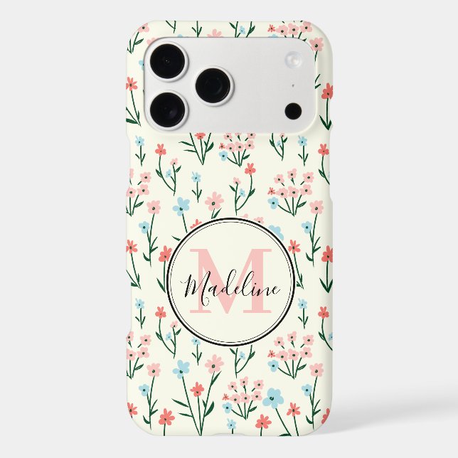 Girly Pink Blue Flowers Pattern Elegant Monogram (Back)