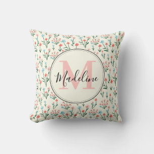 Girly Pink Blue Flowers Pattern Elegant Monogram Cushion