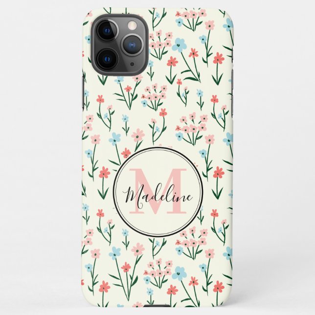 Girly Pink Blue Flowers Pattern Elegant Monogram iPhone Case (Back)