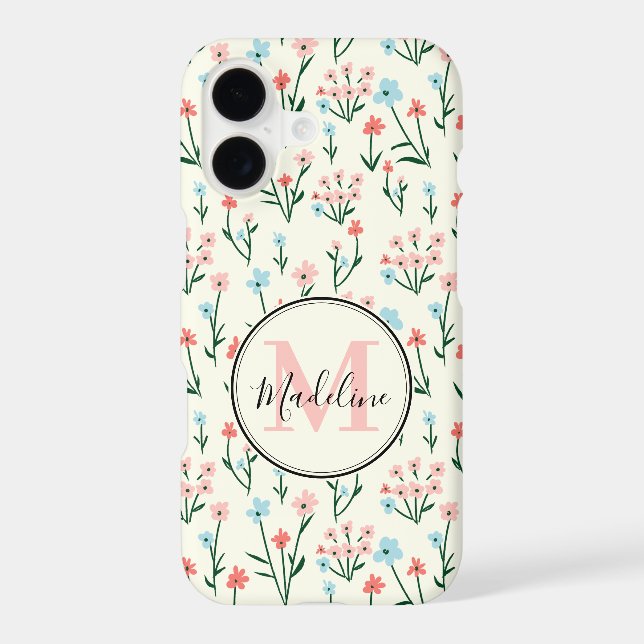 Girly Pink Blue Flowers Pattern Elegant Monogram iPhone Case (Back)