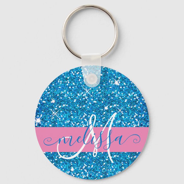 Girly Pink Blue Glitter Sparkles Monogram Name Key Ring (Front)