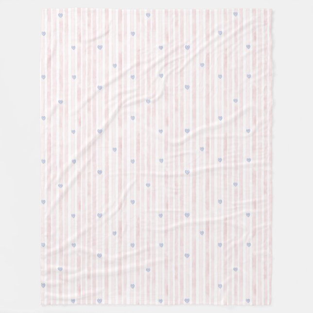 Girly Pink Blue Hearts Stripes Fleece Blanket (Front)