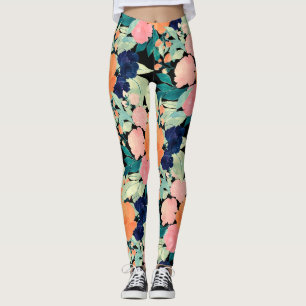 Girly Pink Blue & Orange Floral paint black design Leggings